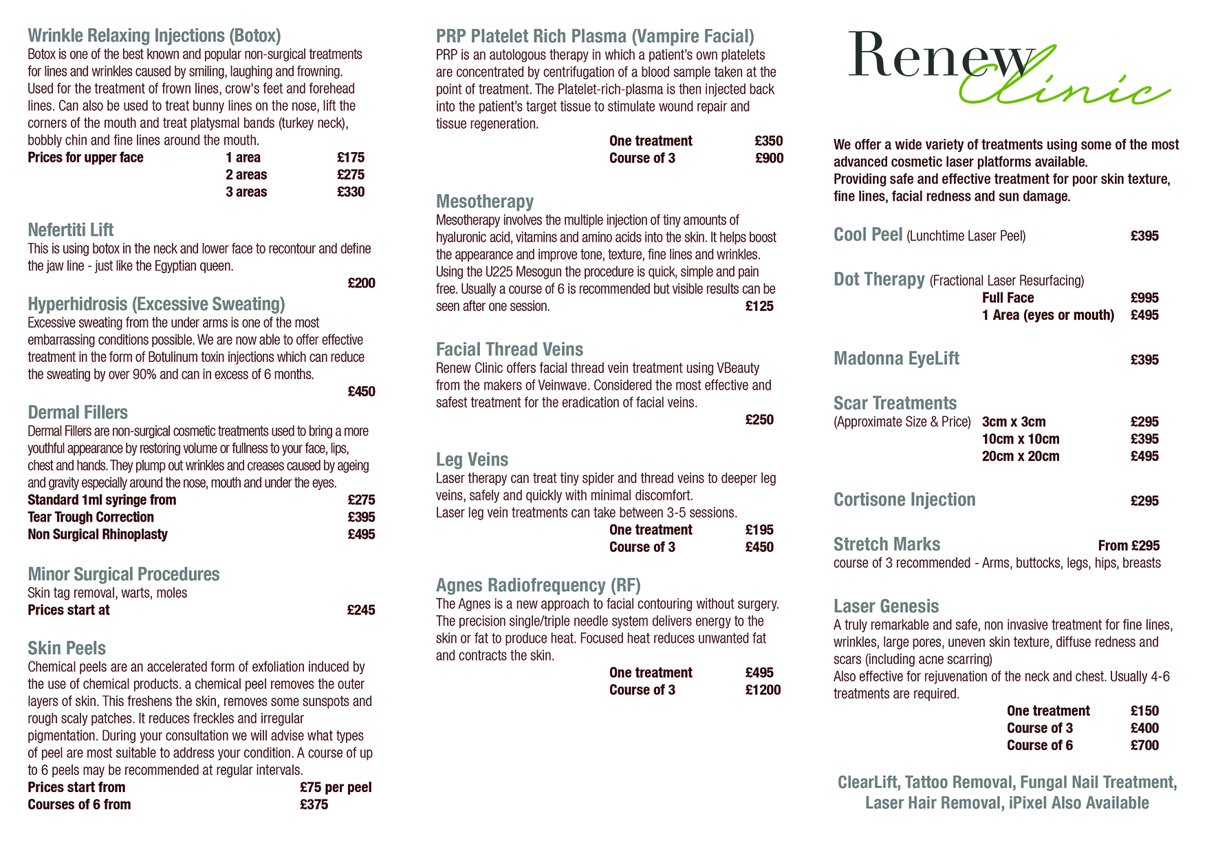 Renew Clinic Price Card 2025