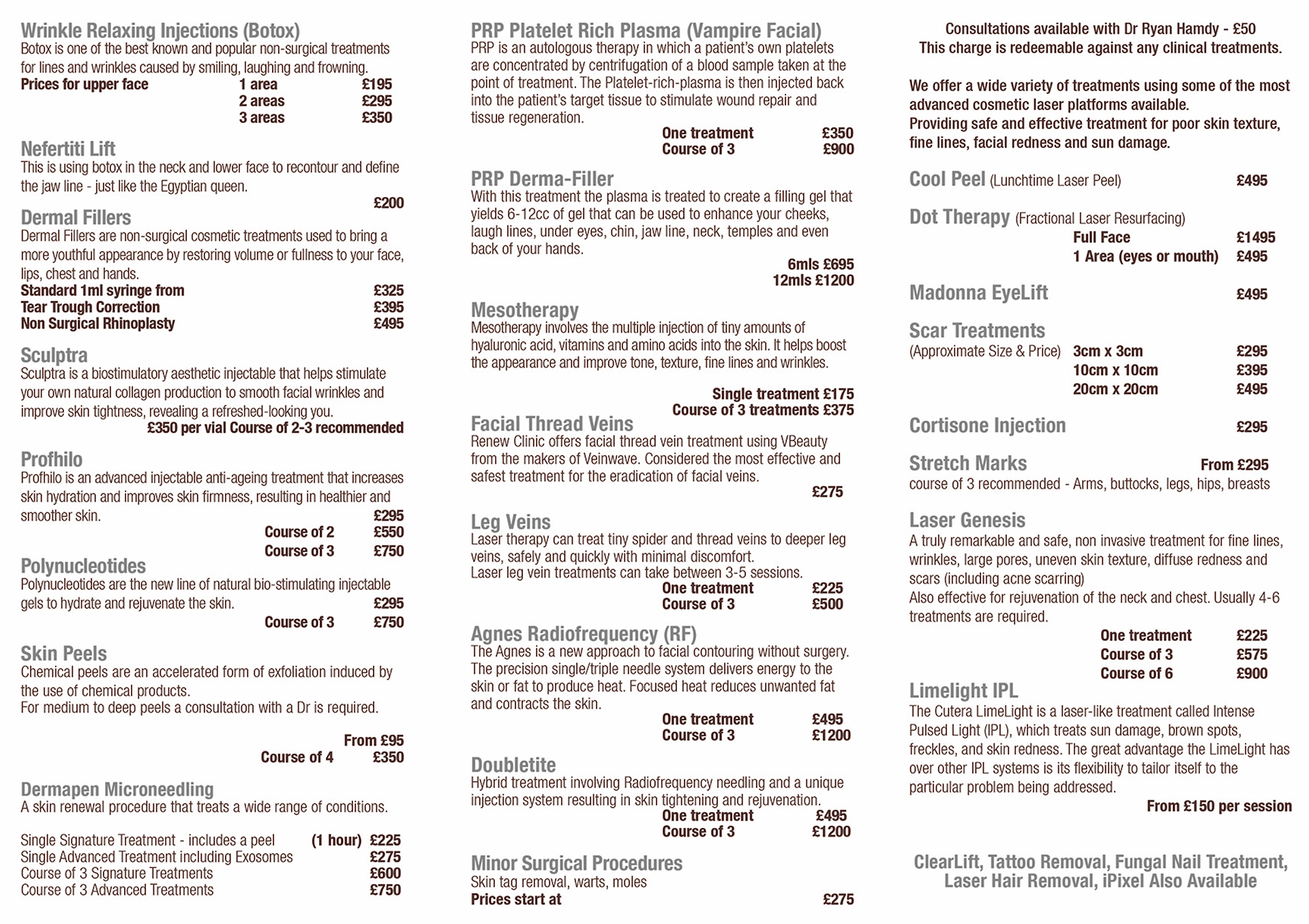Renew Clinic Price Card - 2026 Renew Clinic Price Card - 2026